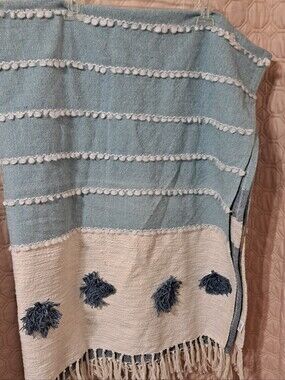 Foreside Throw Blanket  Blue & Cream Tassel Fringe Decorative 8 Poms 50x60